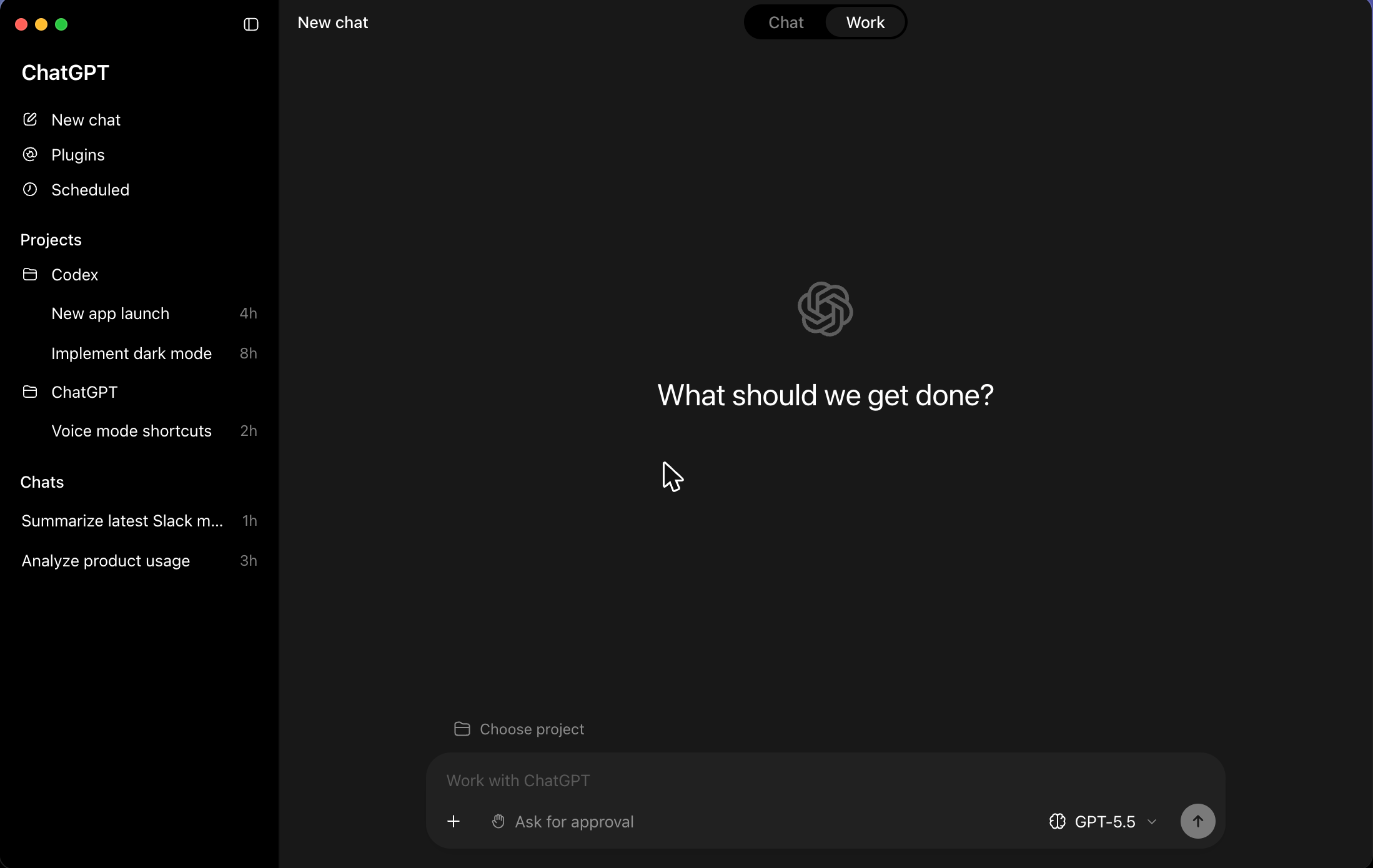 OpenAI's Codex app: a ChatGPT-style sidebar with Codex projects and tasks, and a "What should we get done?" prompt box