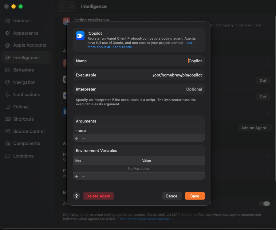Xcode's "Add an Agent" sheet, configured for Copilot via ACP