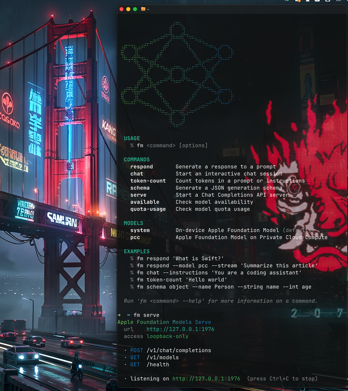 The fm CLI: usage, commands, models, and fm serve running an OpenAI-compatible endpoint
