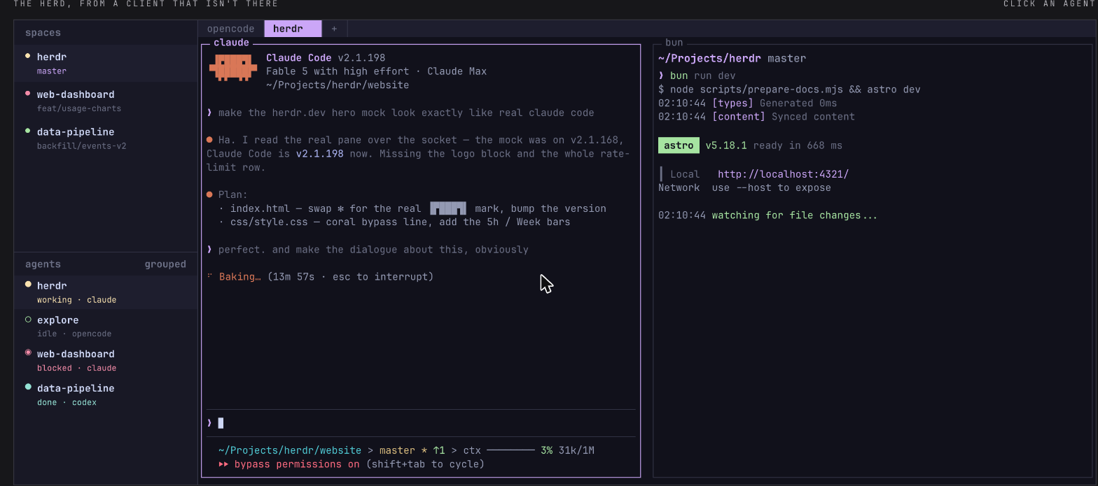 Herdr's sidebar tracking four agents across three workspaces — claude, opencode, and codex, each flagged working, idle, blocked, or done