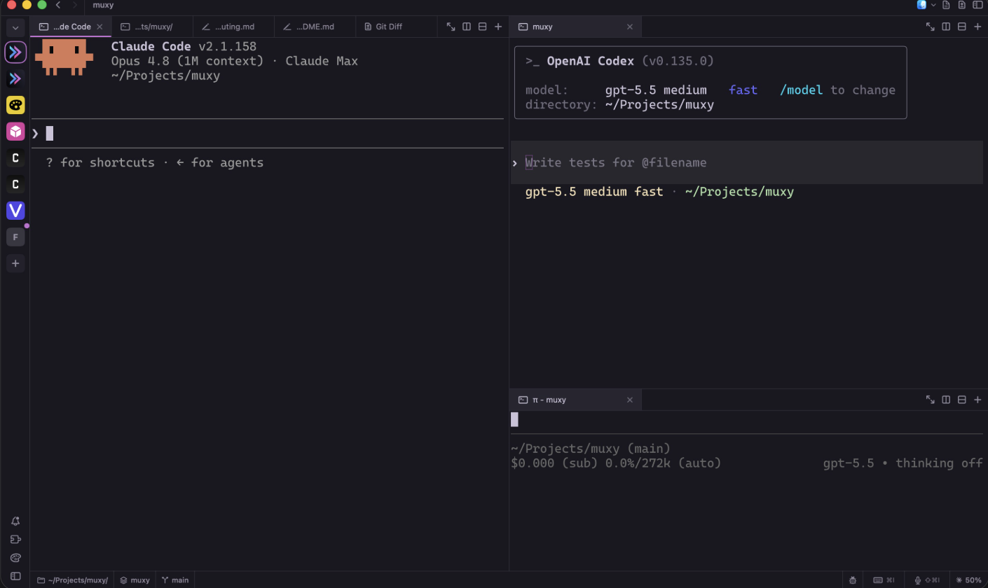 Muxy running Claude Code and Codex in split panes, with a plain shell pane below